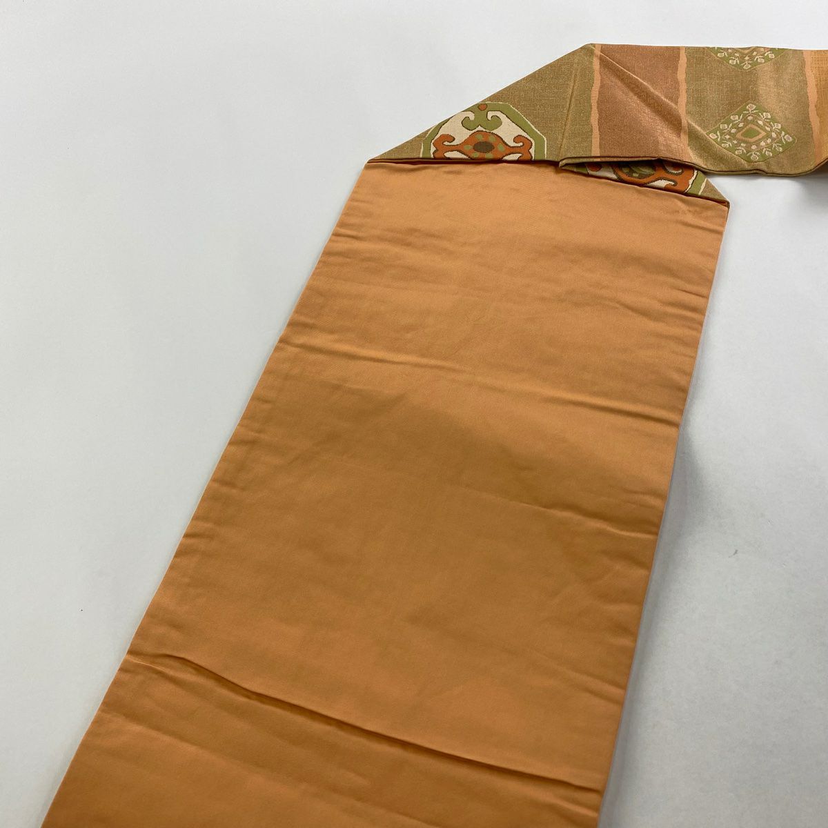名古屋帶 優品級 關西仕立 幾何學圖案 草花紋紋 金金箔 橙色 純蠶絲