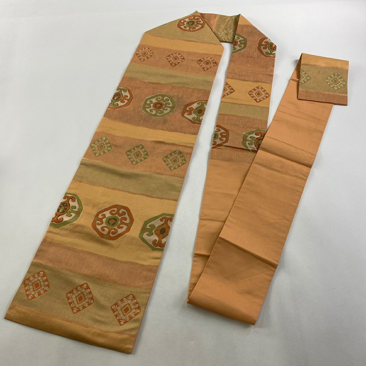 名古屋帶 優品級 關西仕立 幾何學圖案 草花紋紋 金金箔 橙色 純蠶絲