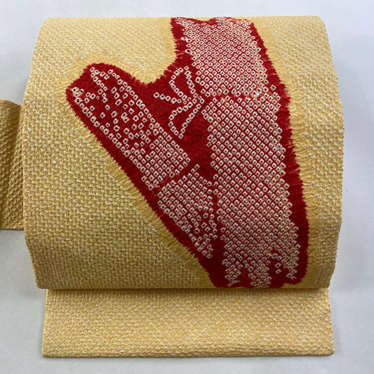 【美品】名古屋帶 優品級 竹子 絞染 山吹 純蠶絲