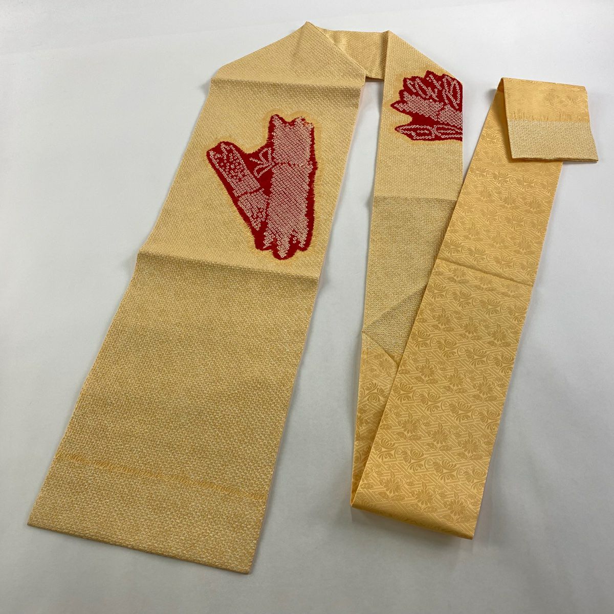 【美品】名古屋帶 優品級 竹子 絞染 山吹 純蠶絲