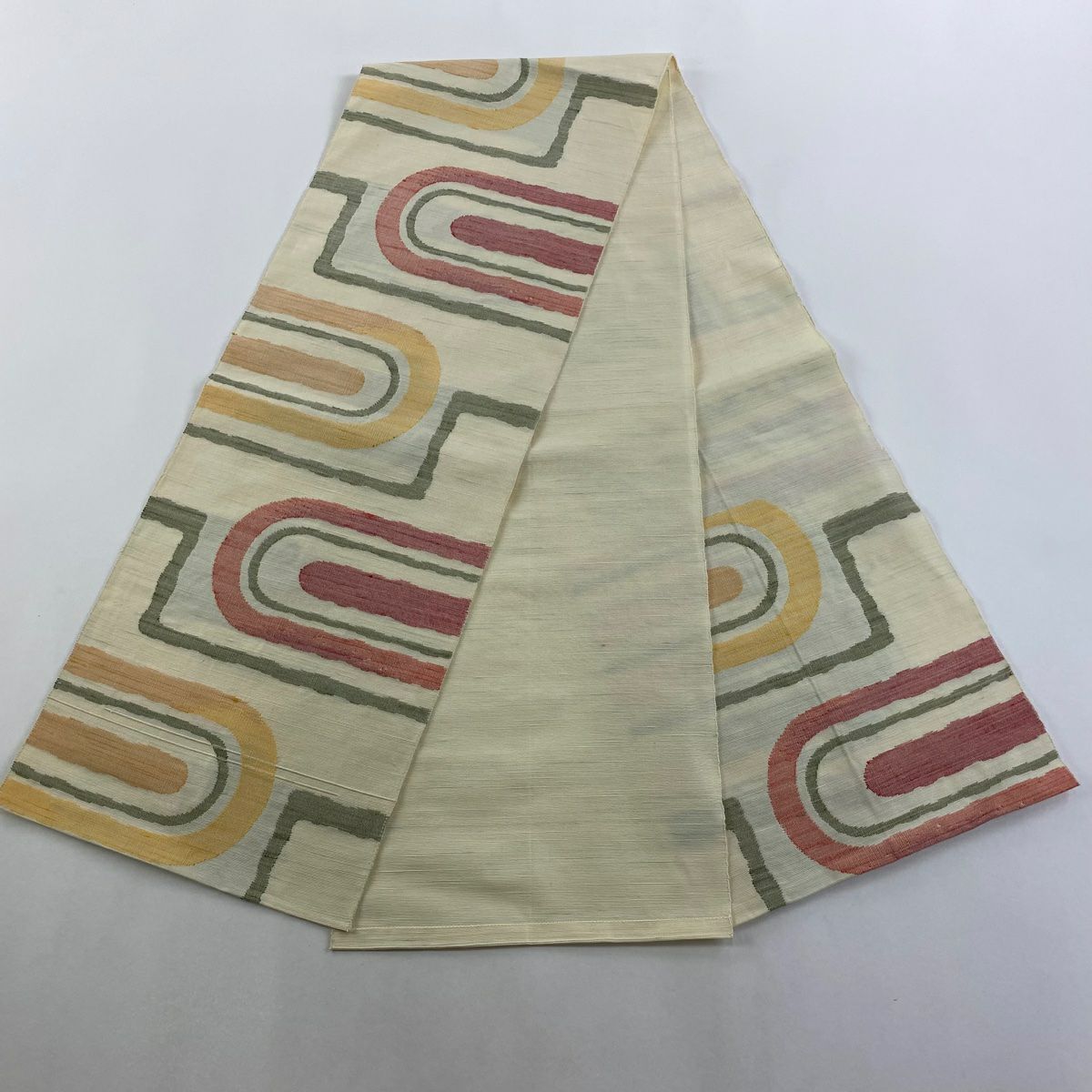 【美品】 名古屋帶 優品級 八寸名古屋帶 幾何圖案 奶油色 純蠶絲