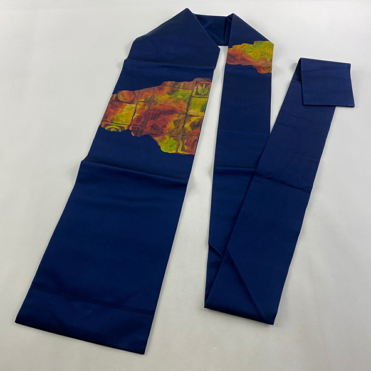 【美品】 名古屋帶 優品級 花 幾何學 金金箔 深藍 純蠶絲