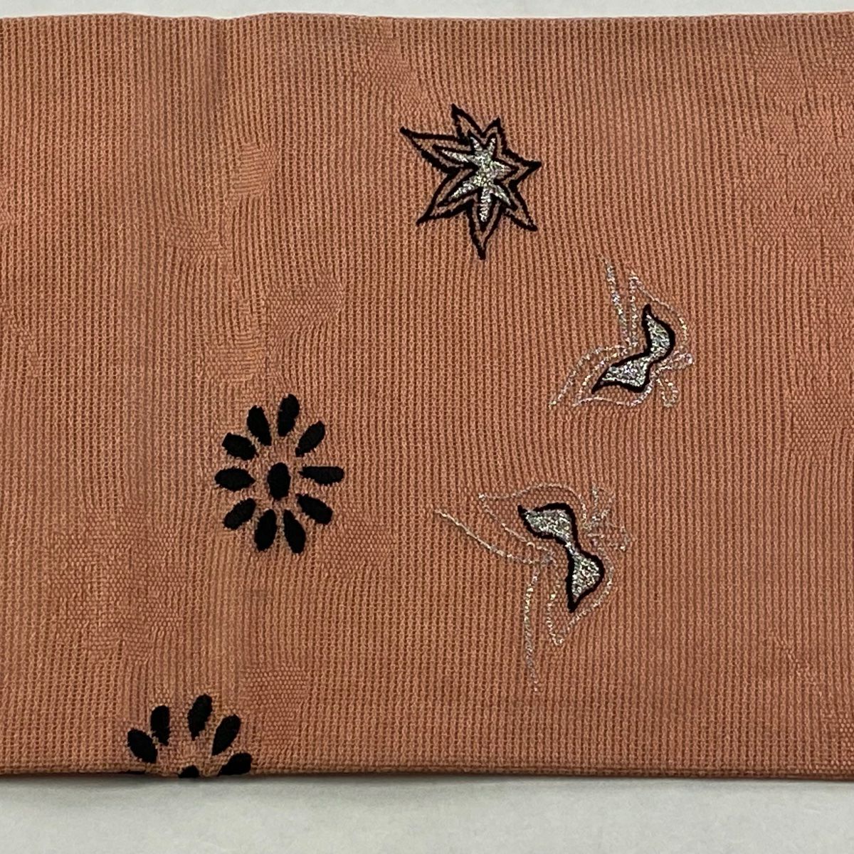 名古屋帶 優品級 夏帶 草花紋紋 蝶 金銀彩 鮭粉色 純蠶絲