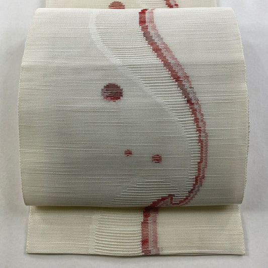 名古屋帶 優品級 夏帶 八寸名古屋帶 松樹葉仕立 幾何學 奶油色 純蠶絲