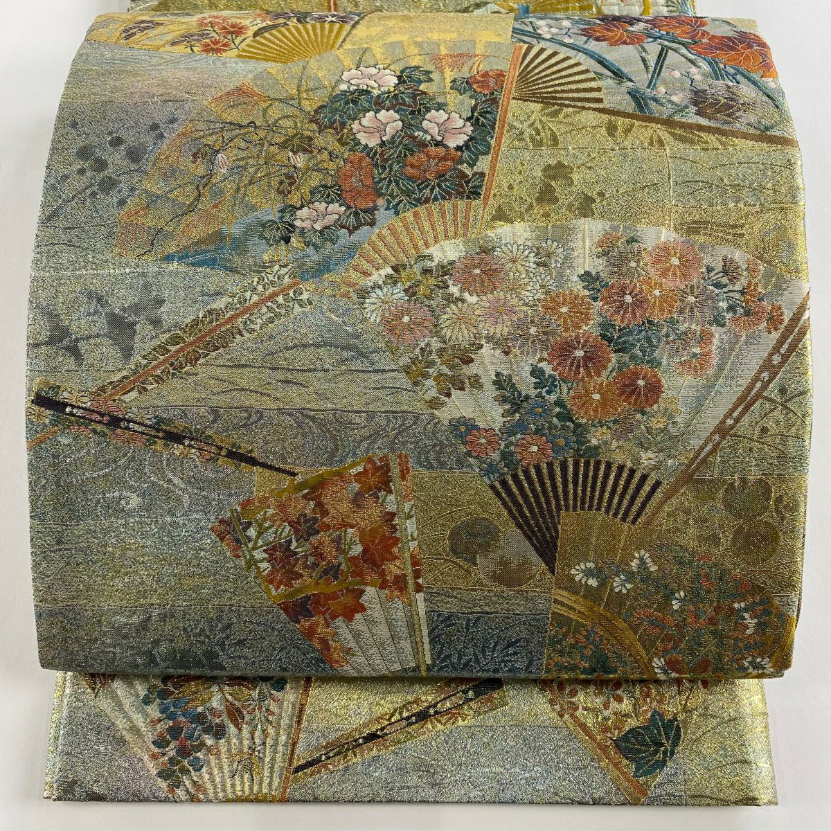 【美品】 袋帶 名品級 琳派三十六華扇子 金金箔 金色 全通 純蠶絲