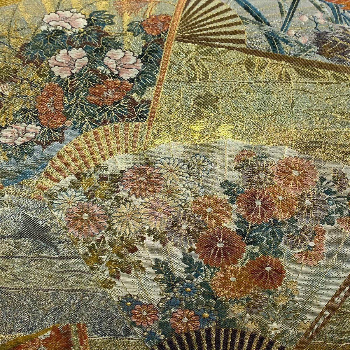 【美品】 袋帶 名品級 琳派三十六華扇子 金金箔 金色 全通 純蠶絲