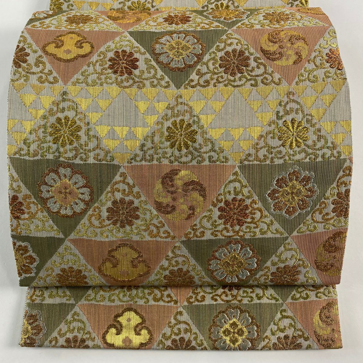 【美品】 袋帶 名品級 鱗花 金銀彩 金金箔 灰茶 六通 純蠶絲