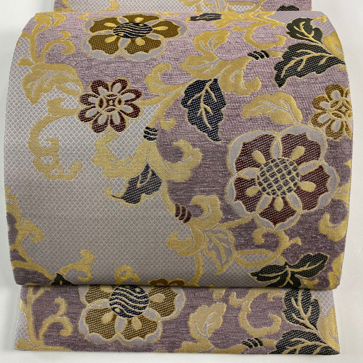 【美品】 袋帶 名品級 花唐草紋 金糸 灰紫 六通 純蠶絲