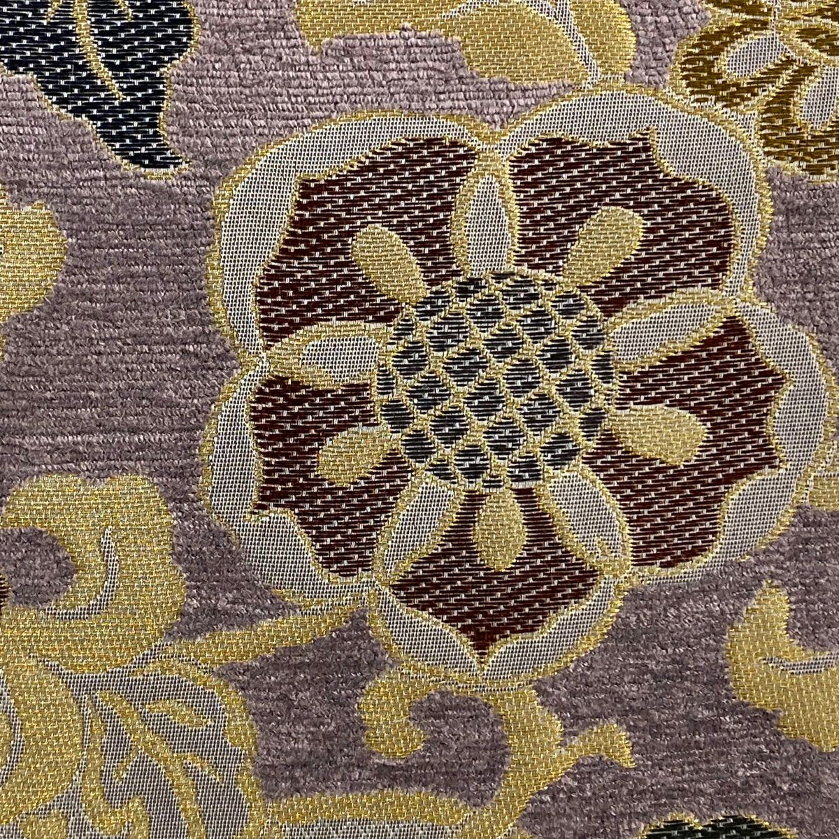 【美品】 袋帶 名品級 花唐草紋 金糸 灰紫 六通 純蠶絲