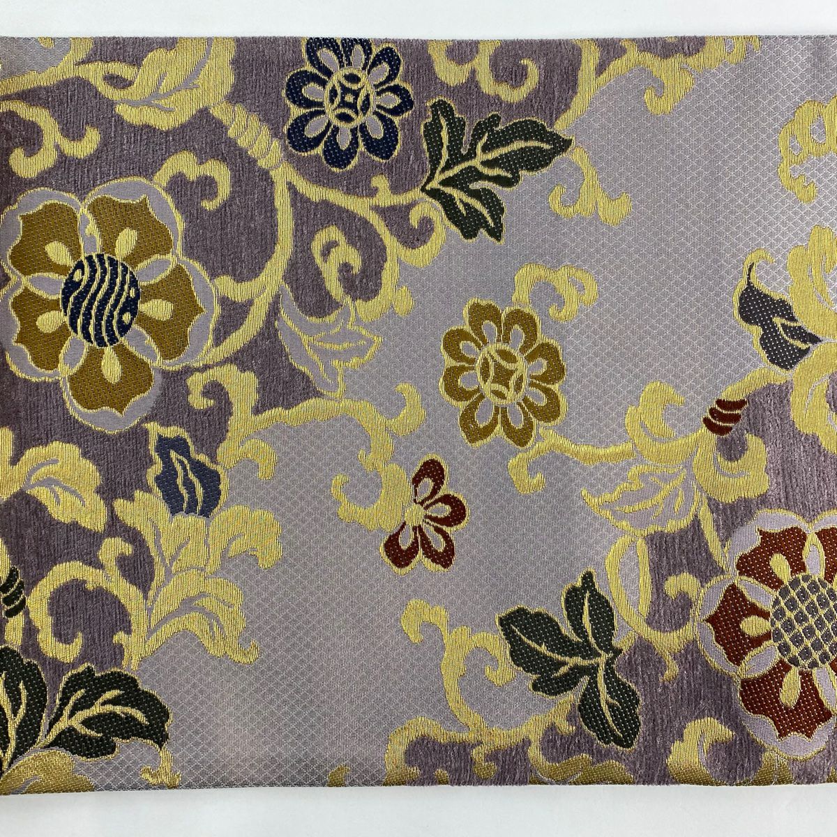 【美品】 袋帶 名品級 花唐草紋 金糸 灰紫 六通 純蠶絲
