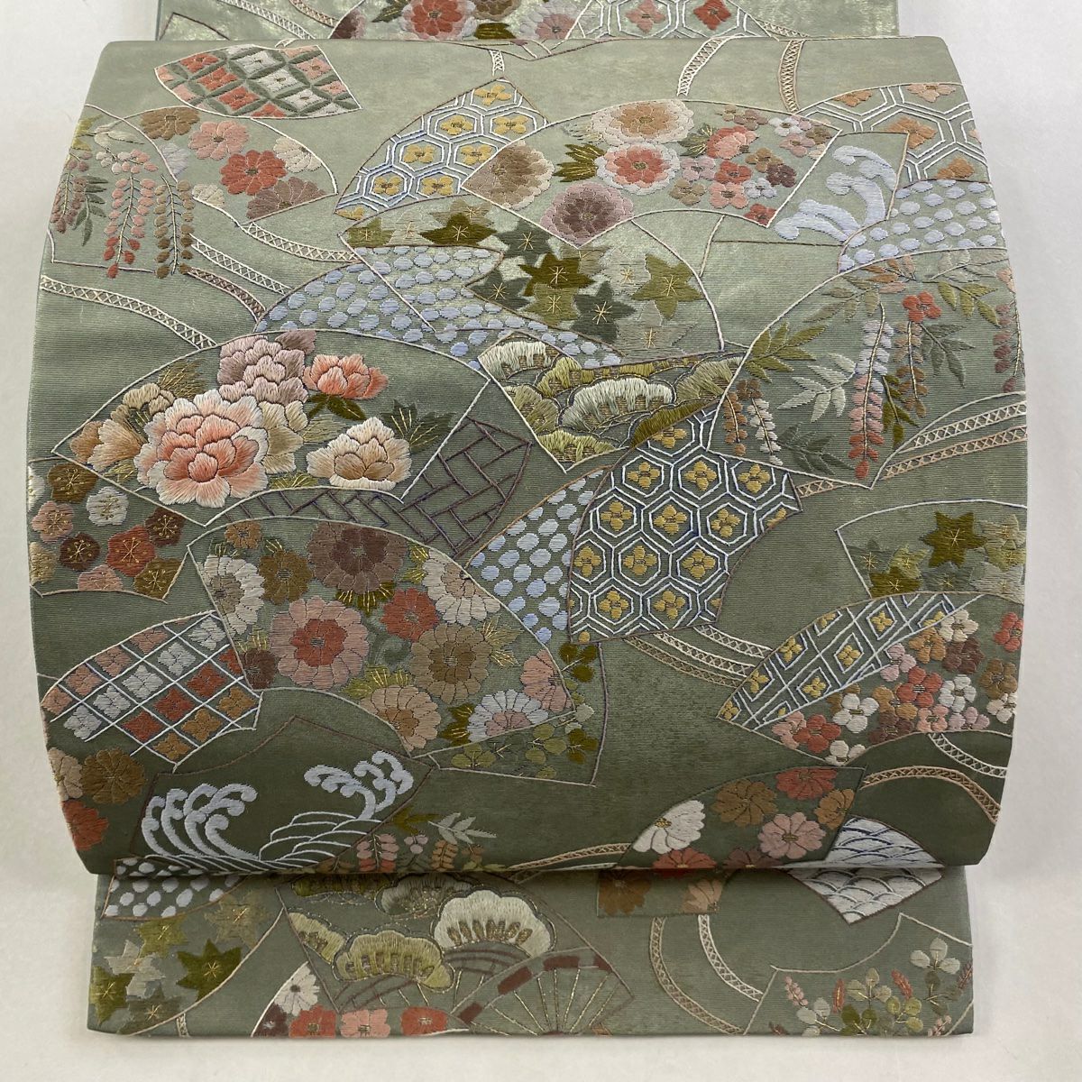 袋帶 逸品級 扇子面 草花紋刺繡 金金箔 灰綠 六通 純蠶絲