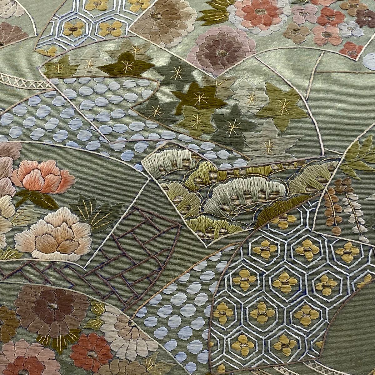 袋帶 逸品級 扇子面 草花紋刺繡 金金箔 灰綠 六通 純蠶絲