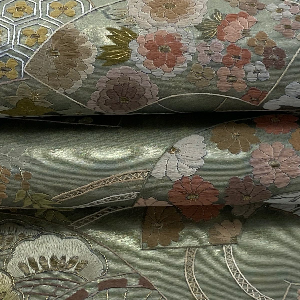 袋帶 逸品級 扇子面 草花紋刺繡 金金箔 灰綠 六通 純蠶絲