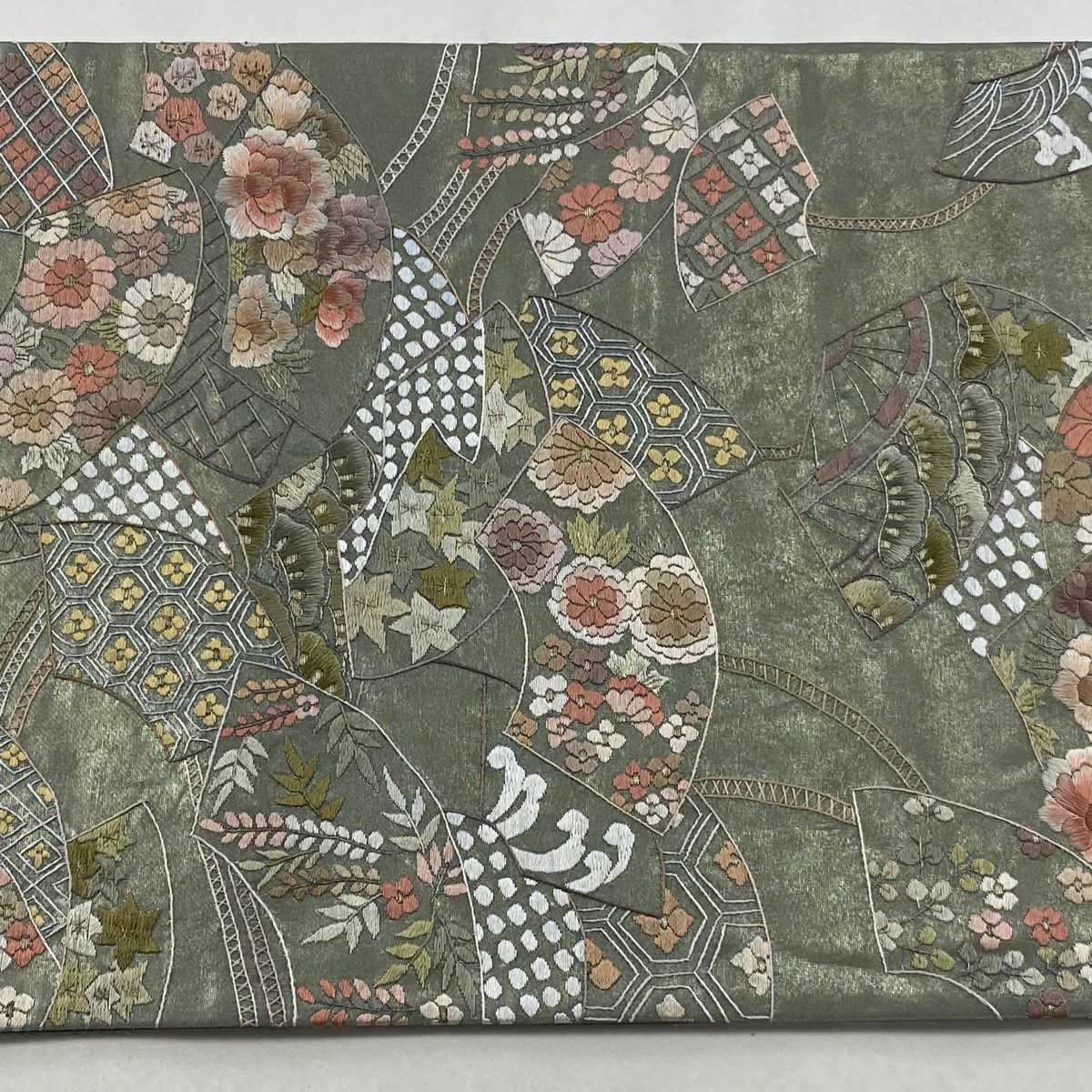 袋帶 逸品級 扇子面 草花紋刺繡 金金箔 灰綠 六通 純蠶絲