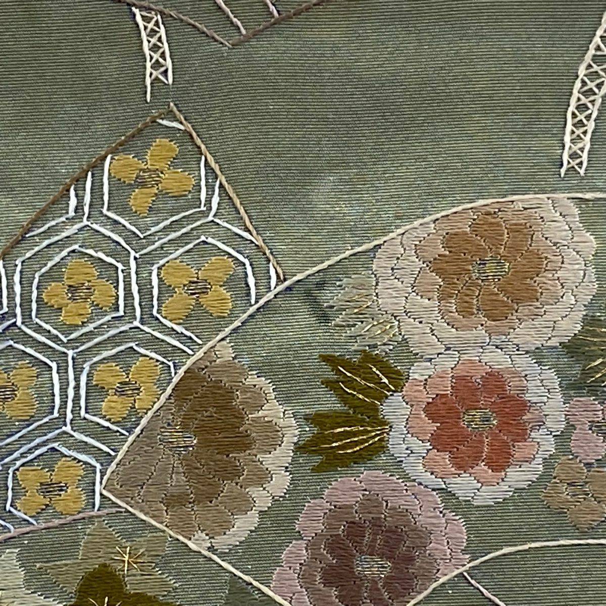 袋帶 逸品級 扇子面 草花紋刺繡 金金箔 灰綠 六通 純蠶絲