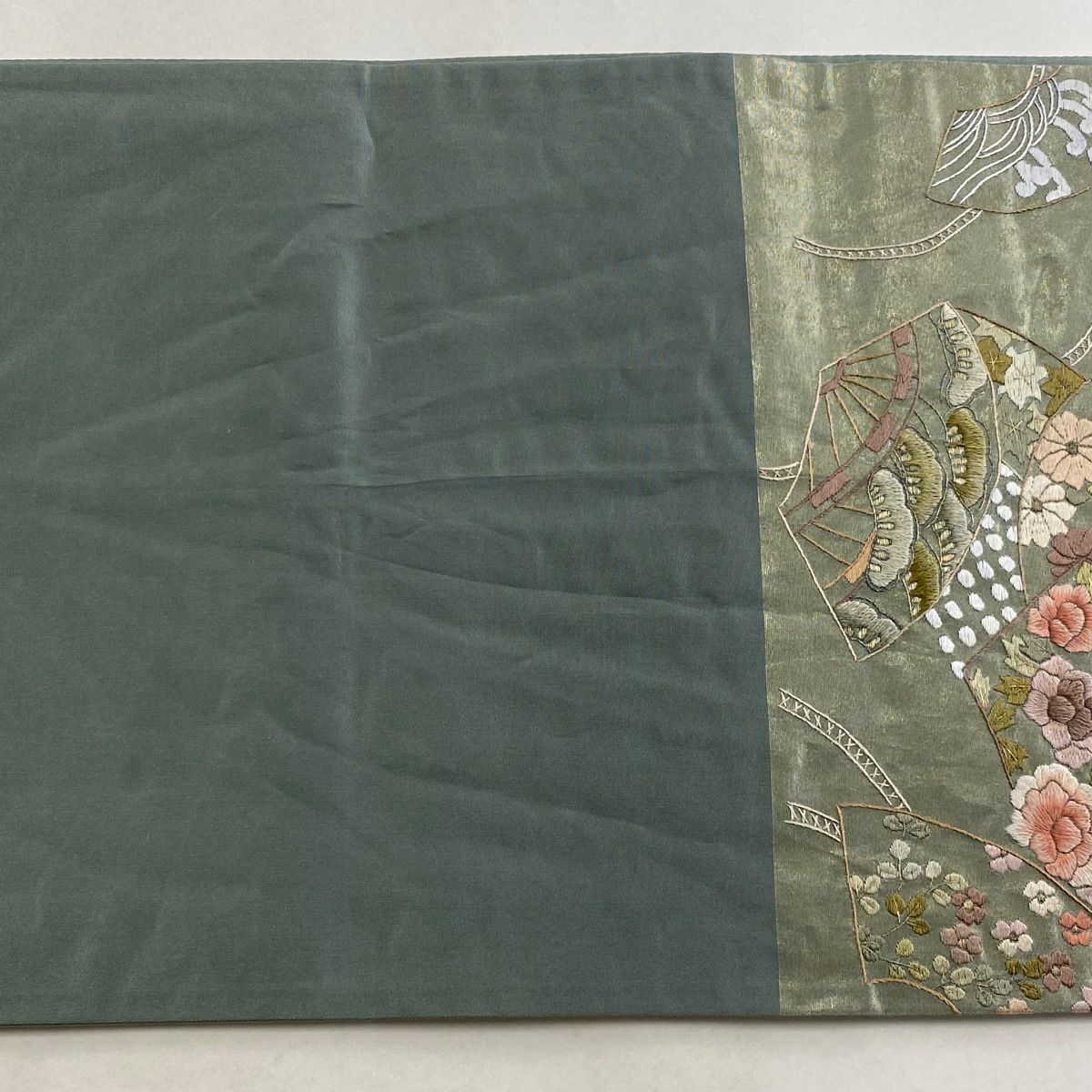 袋帶 逸品級 扇子面 草花紋刺繡 金金箔 灰綠 六通 純蠶絲