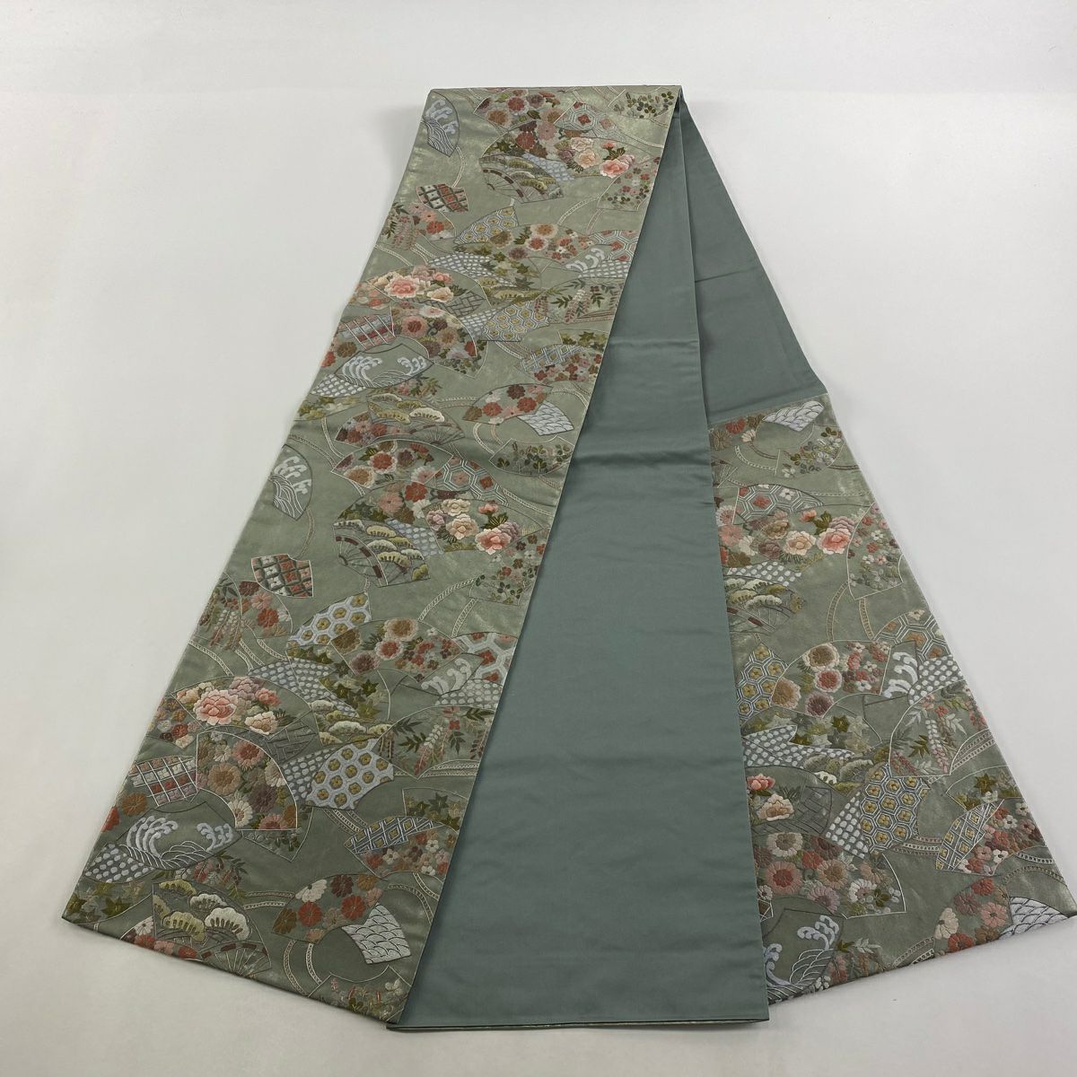 袋帶 逸品級 扇子面 草花紋刺繡 金金箔 灰綠 六通 純蠶絲