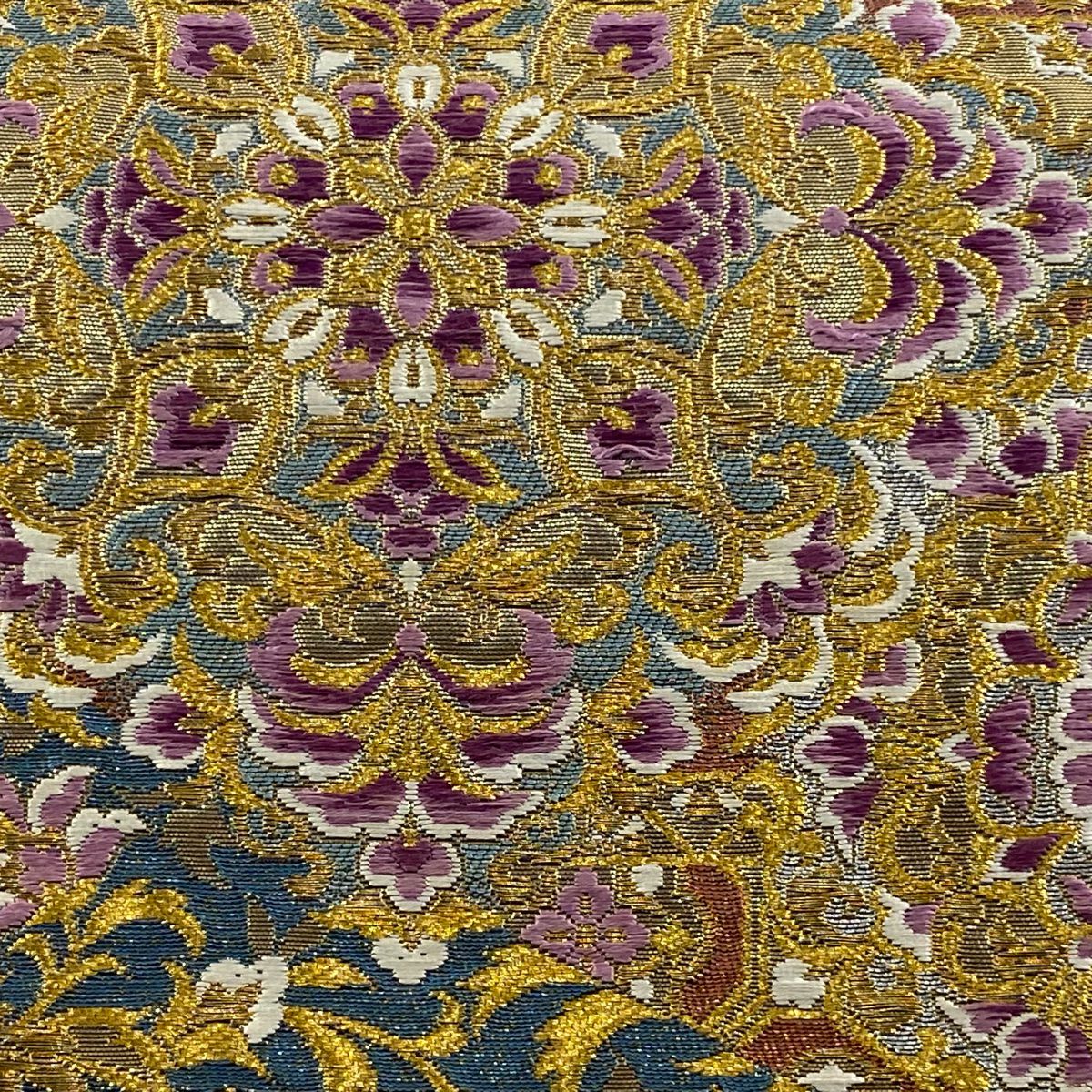 袋帶 逸品級 じゅらく 落款あり 帝王紫 華紋 花唐草紋 金糸 金金箔 灰紫 お太鼓柄 純蠶絲