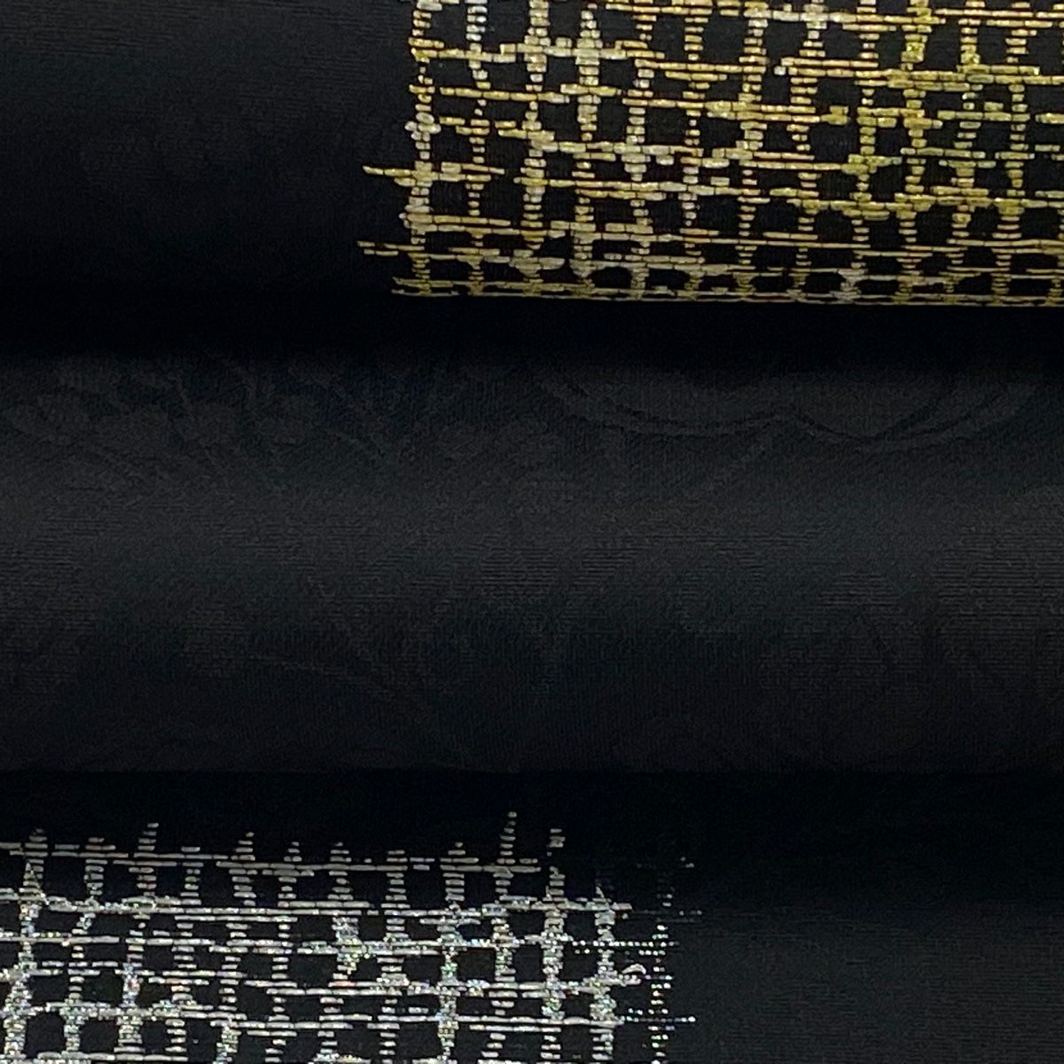 【美品】 袋帶 逸品級 大和 幾何圖案 草花紋 金銀線 黑 六通 純蠶絲
