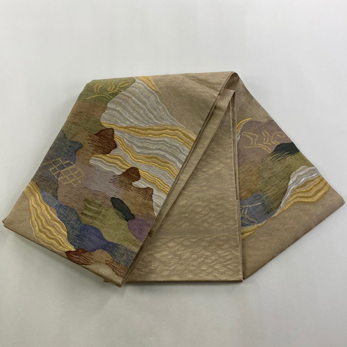 【美品】 袋帶 秀品級 幾何學圖案 葉子紋 金金箔 金銀線 淺茶 細帶圖案 純蠶絲
