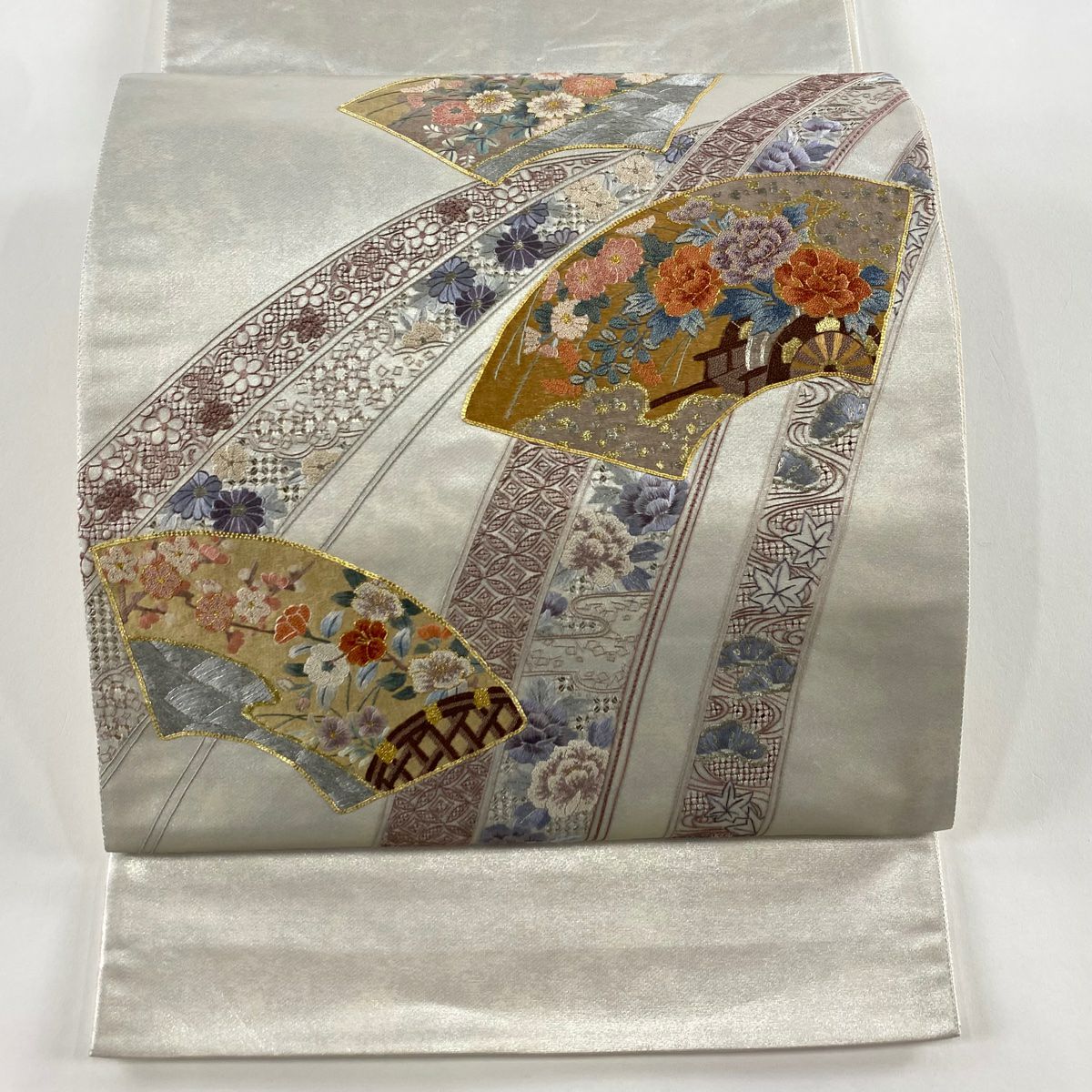袋帶 秀品級 扇子子 花車 刺繡 金線 銀色 大鼓圖案 純蠶絲