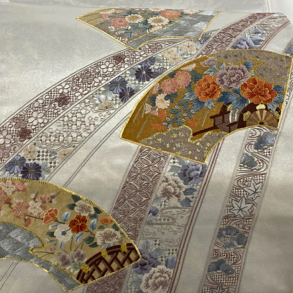 袋帶 秀品級 扇子子 花車 刺繡 金線 銀色 大鼓圖案 純蠶絲