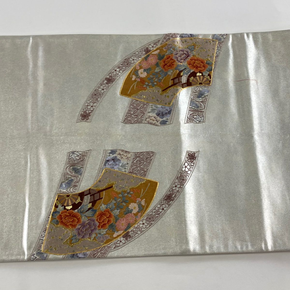 袋帶 秀品級 扇子子 花車 刺繡 金線 銀色 大鼓圖案 純蠶絲