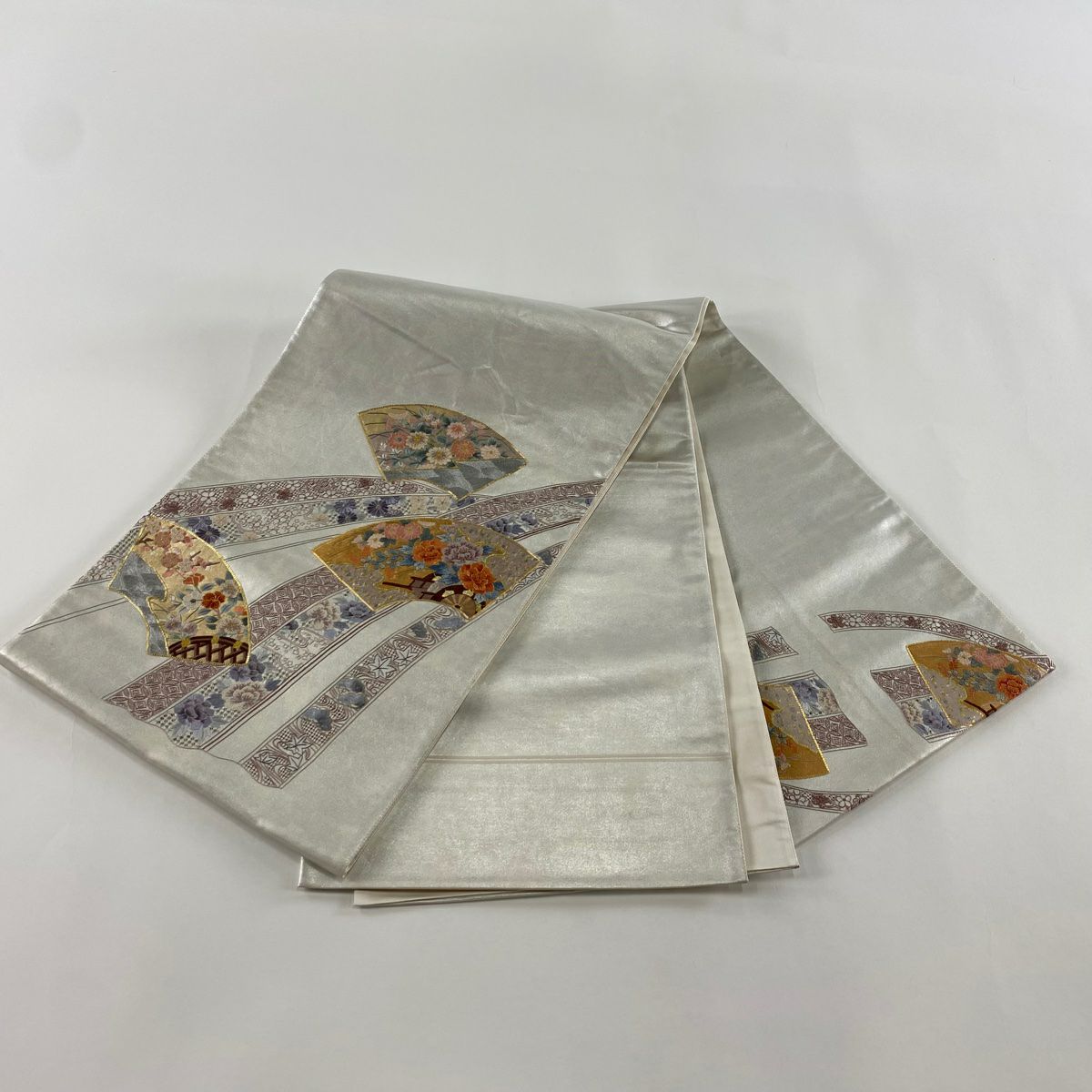 袋帶 秀品級 扇子子 花車 刺繡 金線 銀色 大鼓圖案 純蠶絲