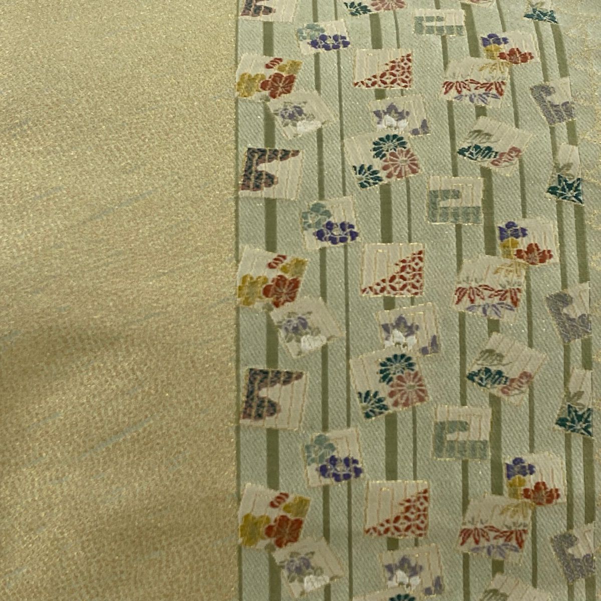 【美品】 袋帶 秀品級 源氏香 草花紋 金絲 抹茶 深藍 六通 純蠶絲