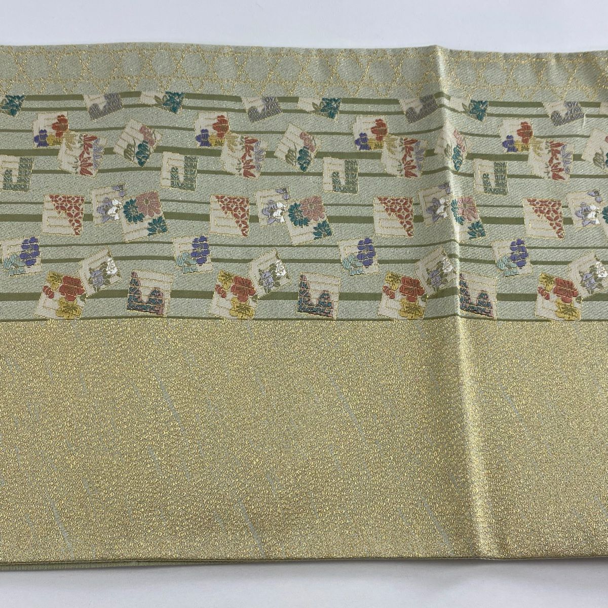 【美品】 袋帶 秀品級 源氏香 草花紋 金絲 抹茶 深藍 六通 純蠶絲