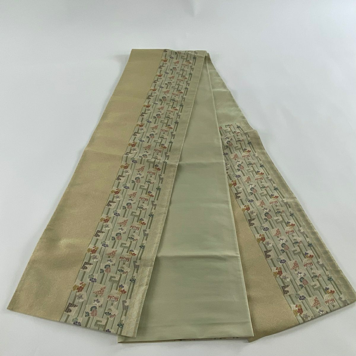 【美品】 袋帶 秀品級 源氏香 草花紋 金絲 抹茶 深藍 六通 純蠶絲