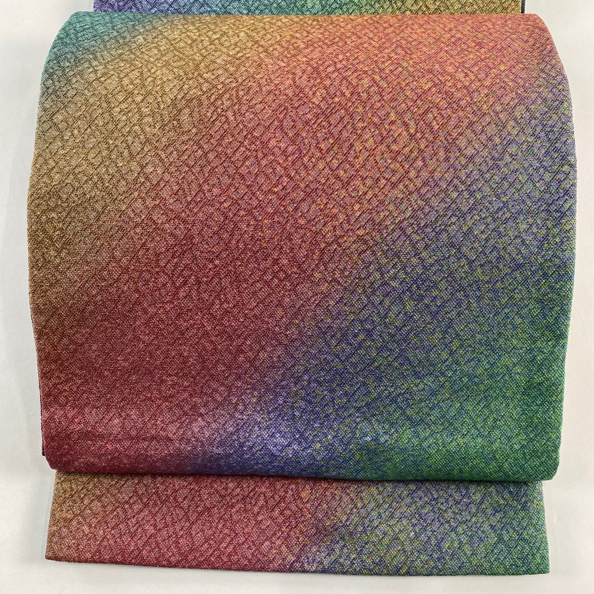【美品】 袋帶 秀品級 斜紋 幾何圖案 銀線 紅紫 六通 純蠶絲