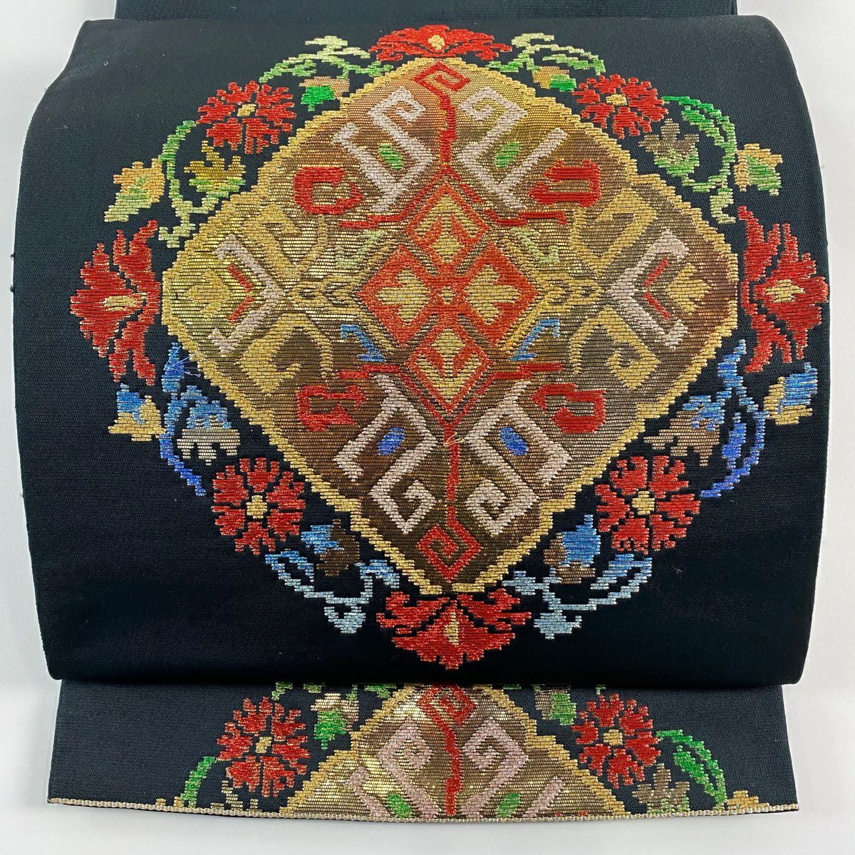 袋帶 秀品級 華紋 草花紋紋 金絲 金金箔 黑 六通 純蠶絲