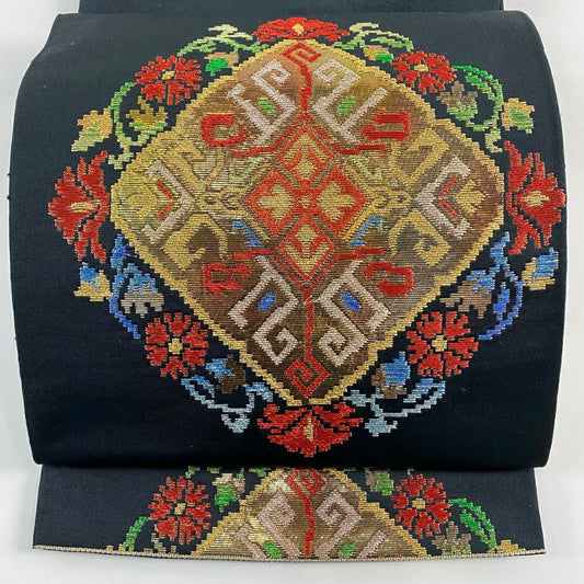 袋帶 秀品級 華紋 草花紋紋 金絲 金金箔 黑 六通 純蠶絲
