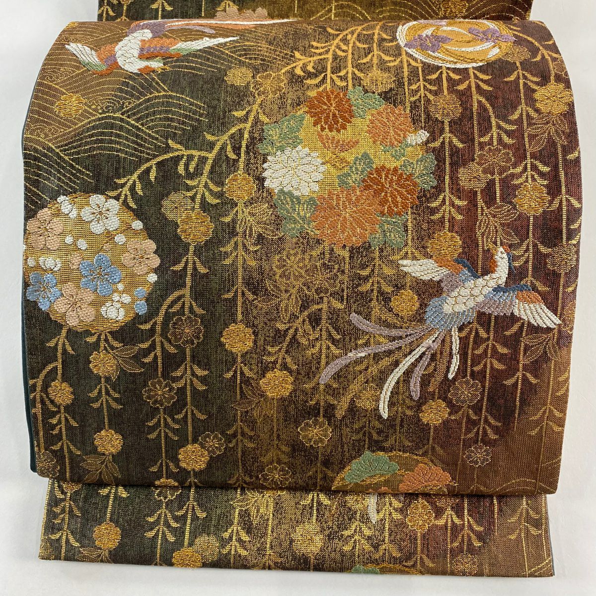 【美品】 袋帶 秀品級 花丸紋 花喰鳥 金絲 金金箔 茶 六通 純蠶絲