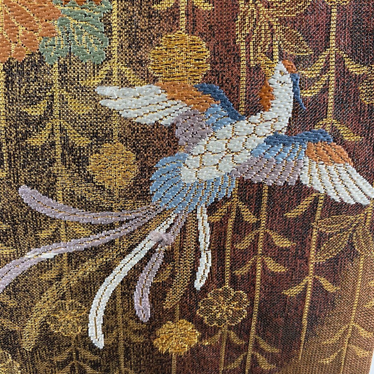 【美品】 袋帶 秀品級 花丸紋 花喰鳥 金絲 金金箔 茶 六通 純蠶絲
