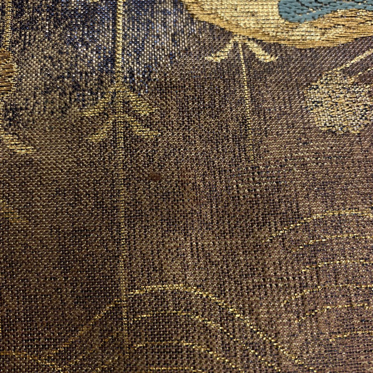 【美品】 袋帶 秀品級 花丸紋 花喰鳥 金絲 金金箔 茶 六通 純蠶絲