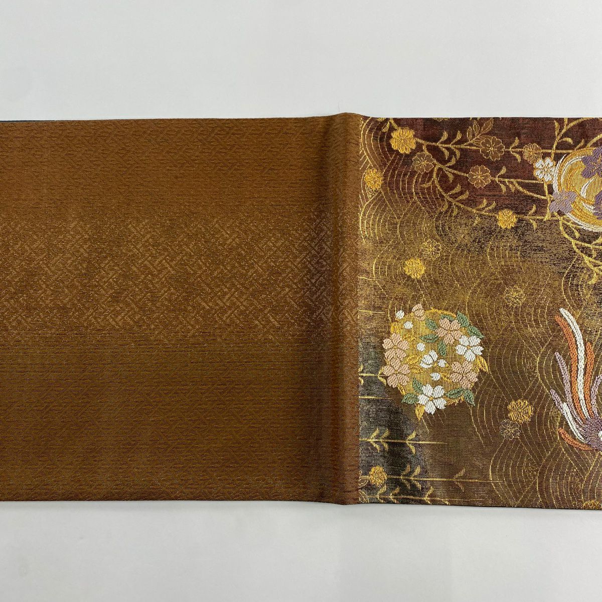 【美品】 袋帶 秀品級 花丸紋 花喰鳥 金絲 金金箔 茶 六通 純蠶絲