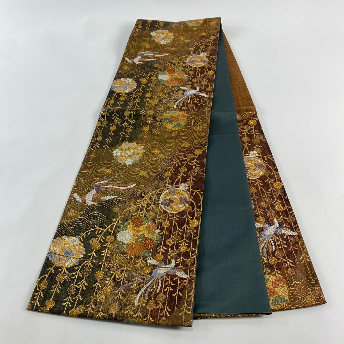 【美品】 袋帶 秀品級 花丸紋 花喰鳥 金絲 金金箔 茶 六通 純蠶絲