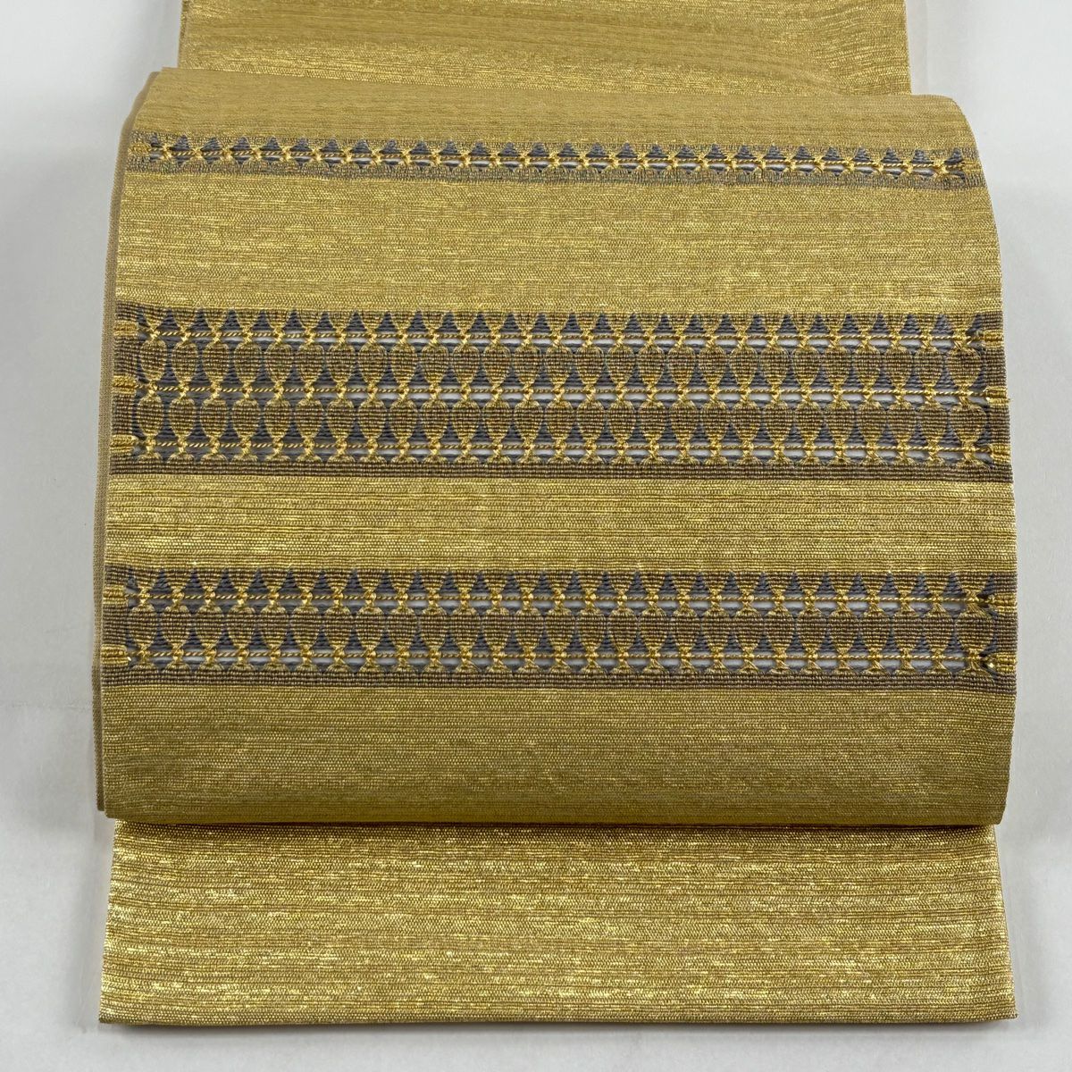 【美品】 袋帶 秀品級 幾何圖案 條紋 金絲 金金箔 金色 大鼓圖案 純蠶絲