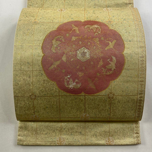 袋帶 秀品級 華紋 花鳥 金金箔 金銀絲 金色 大鼓圖案 純蠶絲
