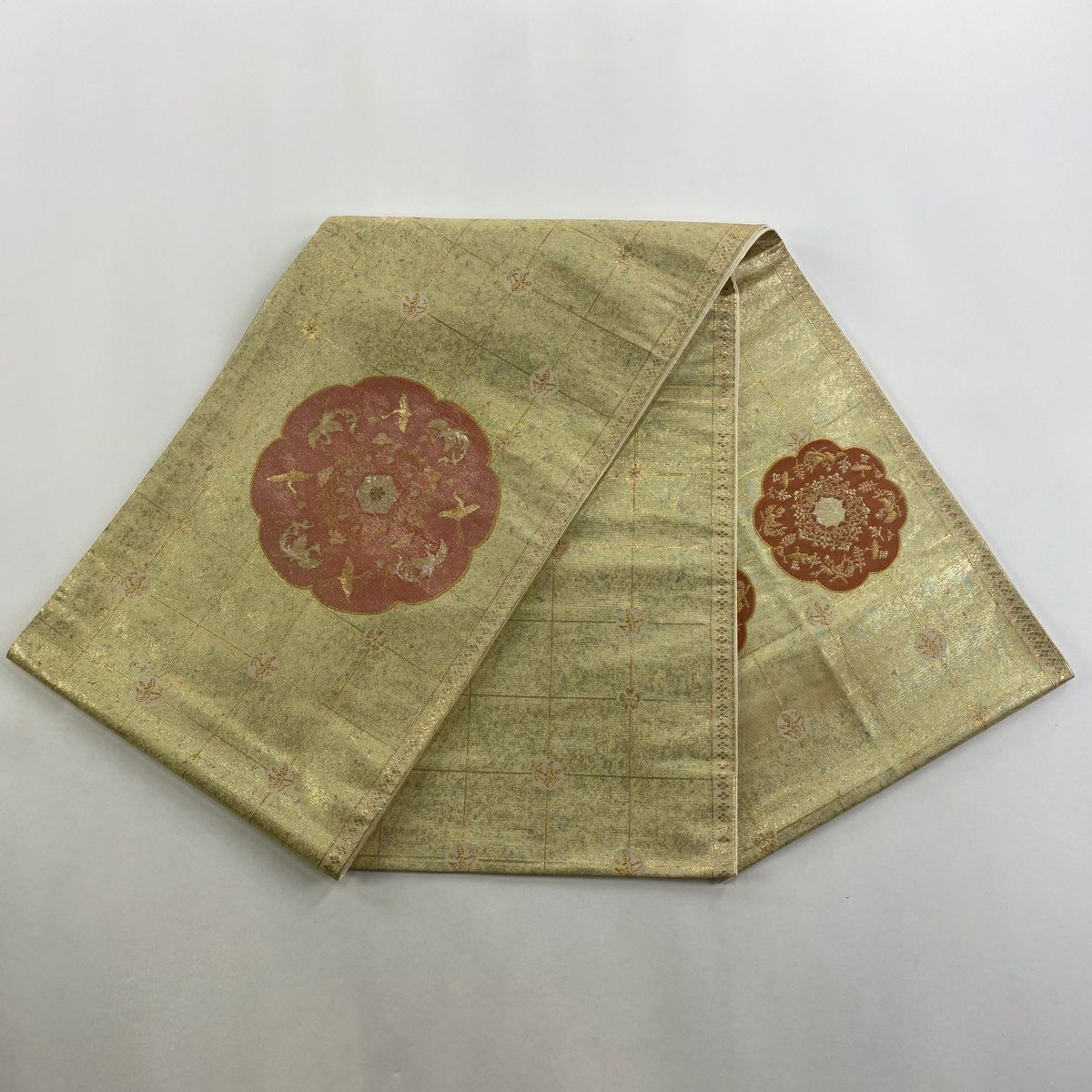 袋帶 秀品級 華紋 花鳥 金金箔 金銀絲 金色 大鼓圖案 純蠶絲