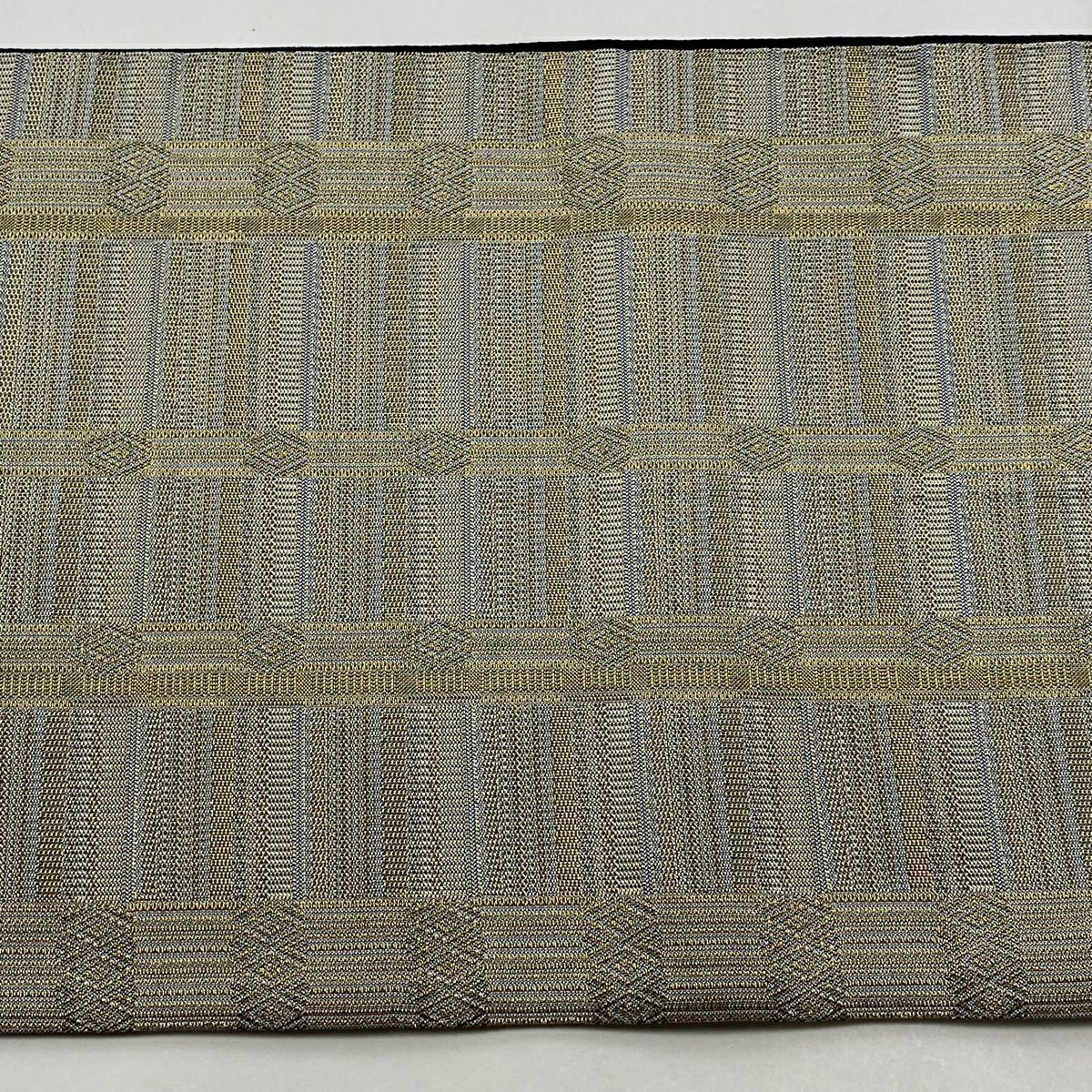 【美品】 袋帶 秀品級 縞 菱 金絲 金金箔 青灰 六通 純蠶絲