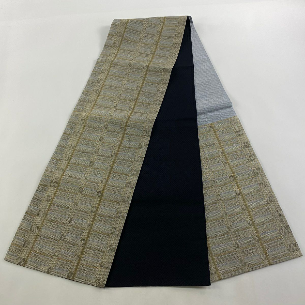 【美品】 袋帶 秀品級 縞 菱 金絲 金金箔 青灰 六通 純蠶絲