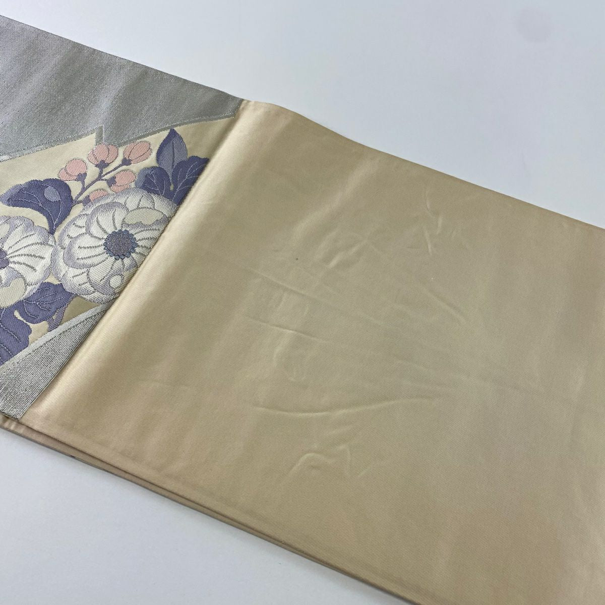 袋帶 秀品級 草花紋紋 銀線 銀 六通 純蠶絲