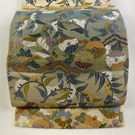 袋帶 秀品級 草花紋 橫段 金絲 唐織 米色 六通 純蠶絲