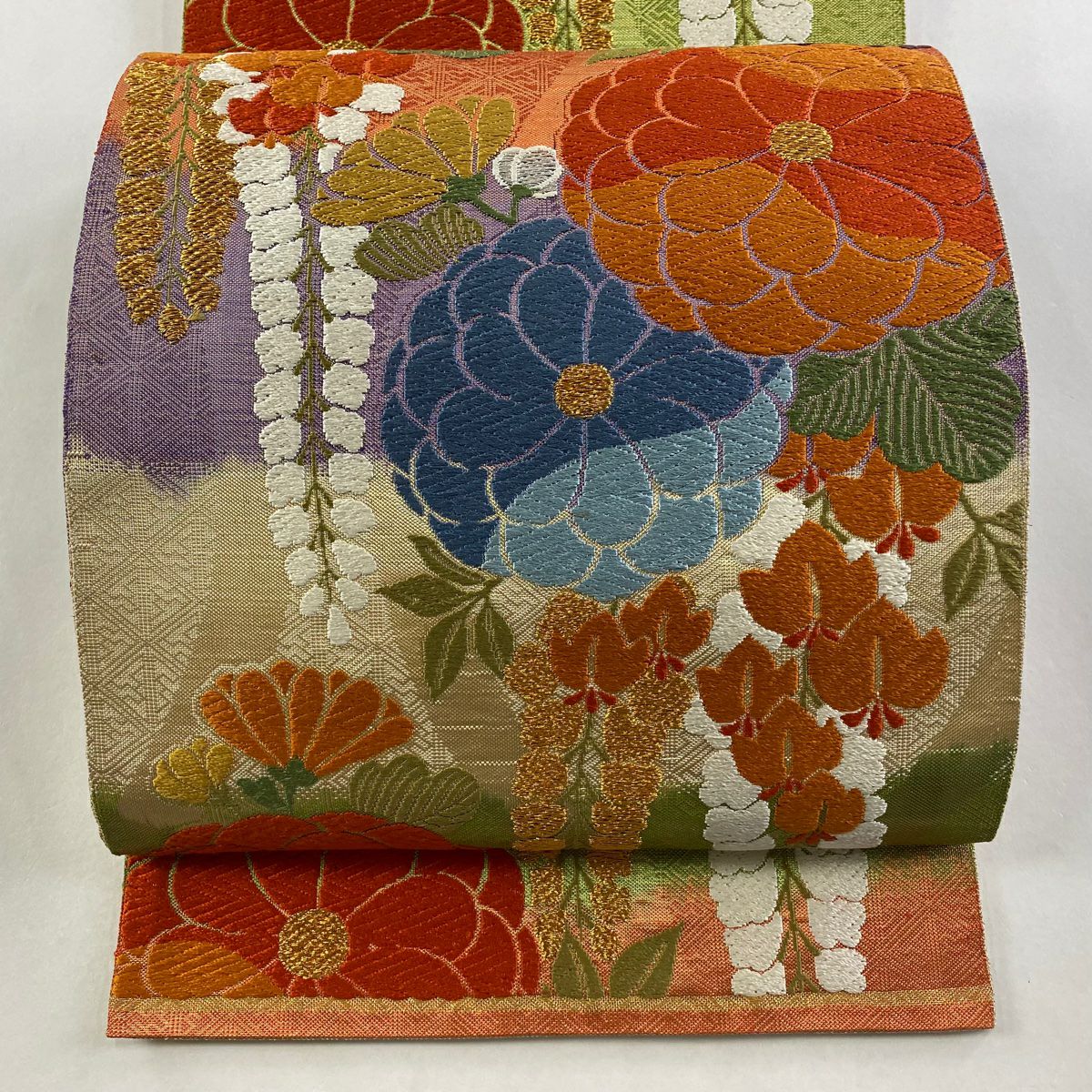 【美品】 袋帶 秀品級 關西仕立 雛菊花 藤 唐織 金通 朱 深紅 六通 純蠶絲
