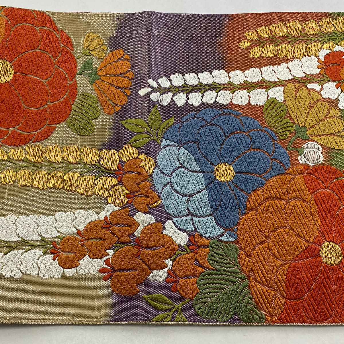 【美品】 袋帶 秀品級 關西仕立 雛菊花 藤 唐織 金通 朱 深紅 六通 純蠶絲