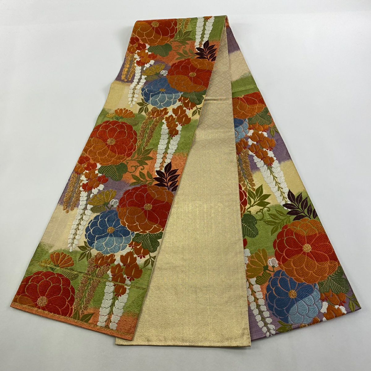 【美品】 袋帶 秀品級 關西仕立 雛菊花 藤 唐織 金通 朱 深紅 六通 純蠶絲