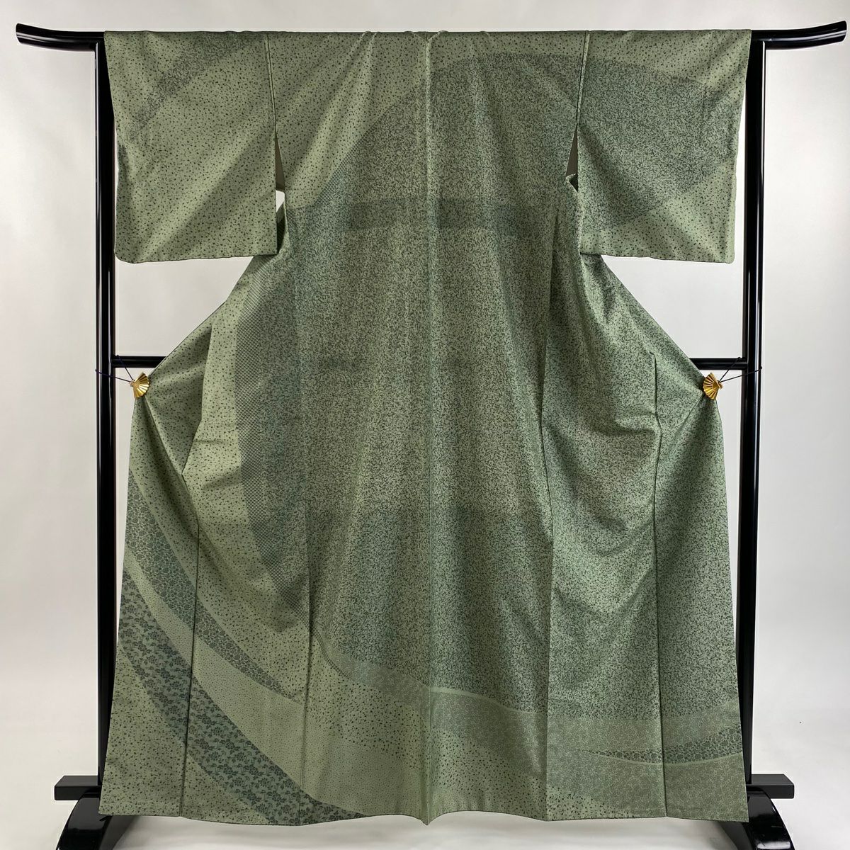 【美品】訪問服 身長164.5cm 袖長63.5cm S 雙層 大島紬織地 花唐草紋 幾何學圖案 淺綠 純蠶絲 名品級